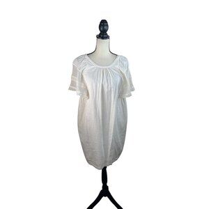 White Boho Tunic Dress With Lace Short Sleeves & Pockets